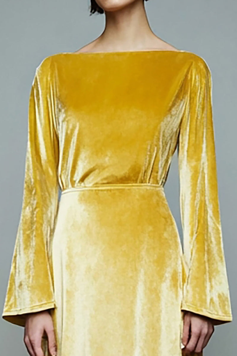 Load image into Gallery viewer, Yellow Velvet A Line Long SleevesHoliday Party Dress