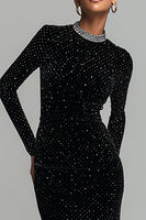 Load image into Gallery viewer, Sparkly Black Velvet Round Neck Long Sleeves Holiday Party Dress