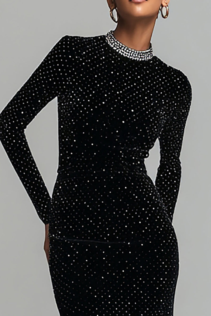 Load image into Gallery viewer, Sparkly Black Velvet Round Neck Long Sleeves Holiday Party Dress