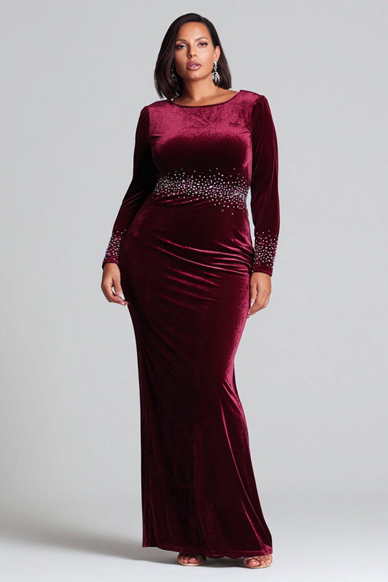 Load image into Gallery viewer, Plus Size Sparkly Burgundy Velvet Mermaid Long Sleeves Holiday Party Dress