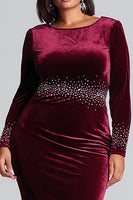 Load image into Gallery viewer, Plus Size Sparkly Burgundy Velvet Mermaid Long Sleeves Holiday Party Dress