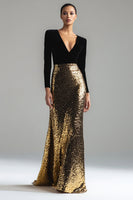 Load image into Gallery viewer, Sparkly Gold and Black Long Sleeves Holiday Party Dress with Sequin Velvet Mermaid V-Neck Evening Dress