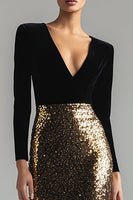 Load image into Gallery viewer, Sparkly Gold and Black Sequin Mermaid V-Neck Long Sleeves Holiday Party Dress