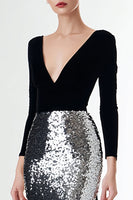 Load image into Gallery viewer, Sparkly Black and Silver Sequins V-Neck Long Sleeves Holiday Party Dress