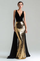 Load image into Gallery viewer, Sparkly Gold and Black Mermaid V-Neck Long Holiday Party Dress with Cape
