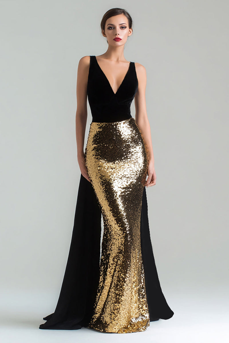 Load image into Gallery viewer, Sparkly Gold and Black Mermaid V-Neck Long Holiday Party Dress with Cape
