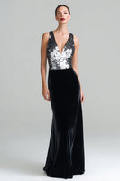 Load image into Gallery viewer, Sparkly Black and Silver Velvet Mermaid Long Holiday Party Dress with Sequins