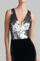 Load image into Gallery viewer, Sparkly Black and Silver Velvet Mermaid Long Holiday Party Dress with Sequins