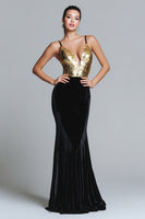 Load image into Gallery viewer, Queendancer Women Sparkly Gold and Black Velvet Long Holiday Party Dress with Sequins Mermaid Spaghetti Straps Evening Dress