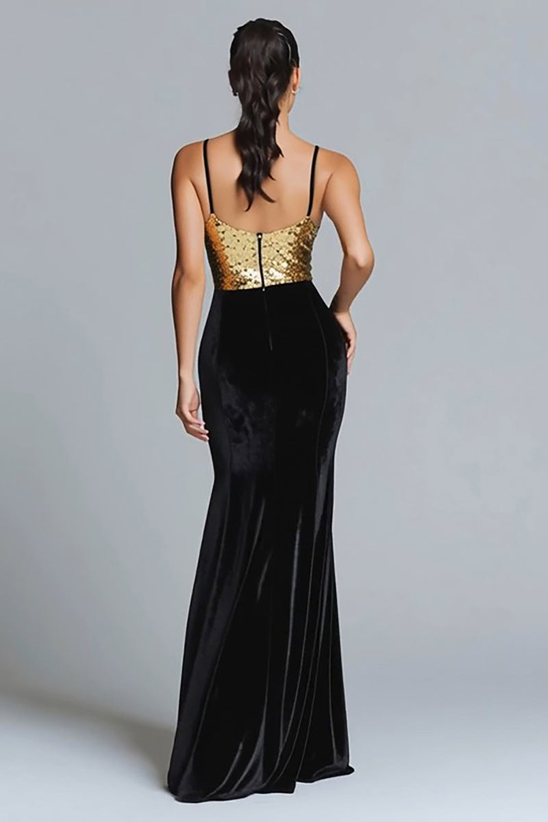 Load image into Gallery viewer, Sparkly Gold and Black Mermaid Velvet Long Holiday Party Dress with Sequins