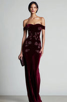 Load image into Gallery viewer, Floral Burgundy Velvet Off the Shoulder Long Holiday Party Dress