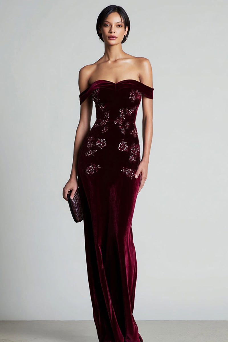 Load image into Gallery viewer, Floral Burgundy Velvet Off the Shoulder Long Holiday Party Dress