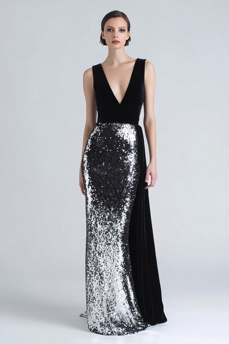 Load image into Gallery viewer, Sparkly Black and Silver Sequins Long Holiday Party Dress with Side Cape