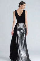 Load image into Gallery viewer, Sparkly Black and Silver Sequins Long Holiday Party Dress with Side Cape
