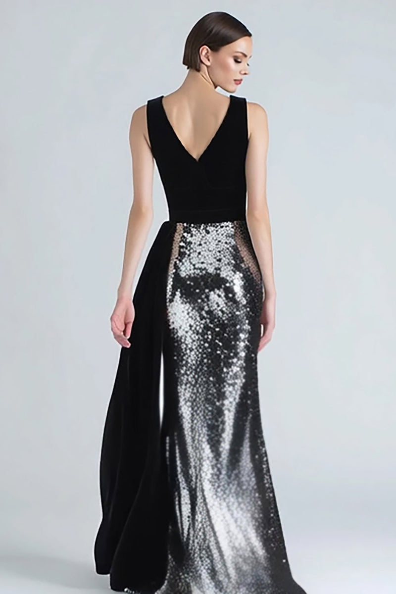 Load image into Gallery viewer, Sparkly Black and Silver Sequins Long Holiday Party Dress with Side Cape