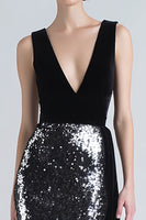 Load image into Gallery viewer, Sparkly Black and Silver Sequins Long Holiday Party Dress with Side Cape