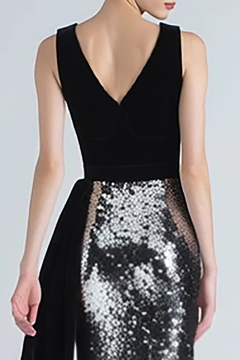 Load image into Gallery viewer, Sparkly Black and Silver Sequins Long Holiday Party Dress with Side Cape