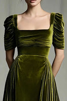 Load image into Gallery viewer, Olive Velvet A Line Square Neck Long Sleeves Holiday Party Dress