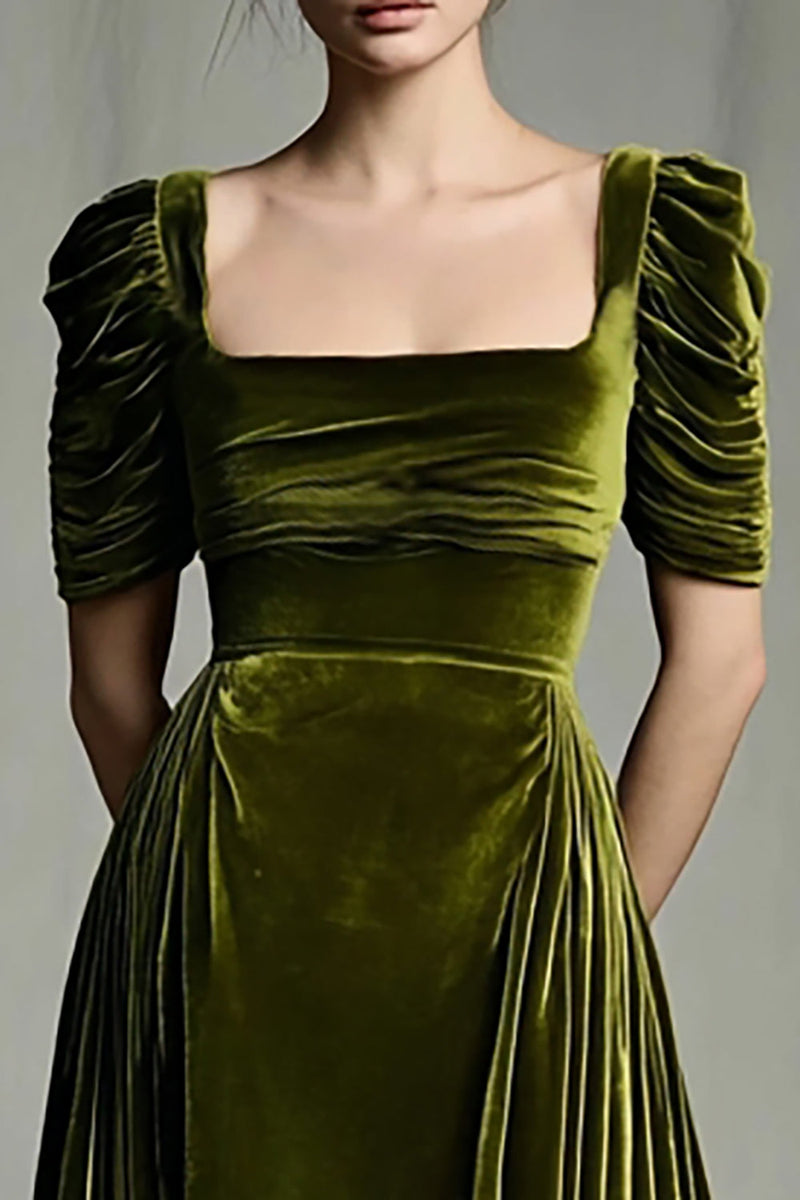 Load image into Gallery viewer, Olive Velvet A Line Square Neck Long Sleeves Holiday Party Dress