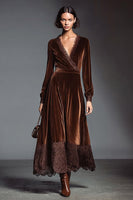 Load image into Gallery viewer, Coffee A Line Velvet V-Neck Long Sleeves Holiday Party Dress with Lace