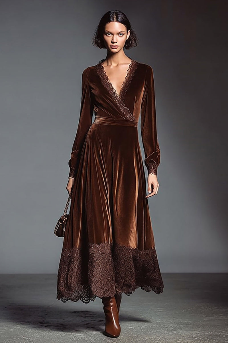 Load image into Gallery viewer, Coffee A Line Velvet V-Neck Long Sleeves Holiday Party Dress with Lace