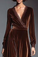 Load image into Gallery viewer, Coffee A Line Velvet V-Neck Long Sleeves Holiday Party Dress with Lace