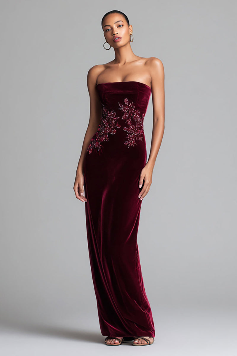 Load image into Gallery viewer, Floral Burgundy Velvet Strapless Long Holiday Party Dress with Appliques
