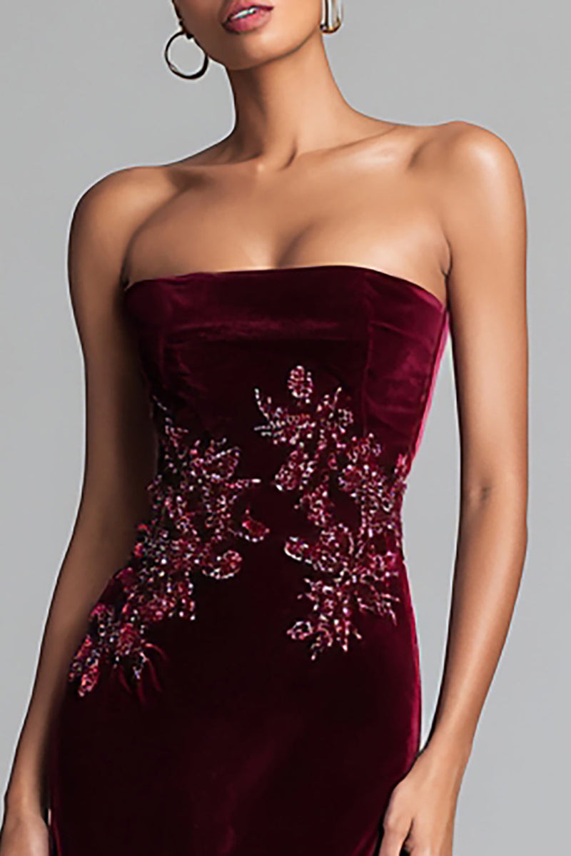 Load image into Gallery viewer, Floral Burgundy Velvet Strapless Long Holiday Party Dress with Appliques