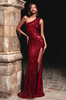 Load image into Gallery viewer, Sparkly Red Sequin One Shoulder Long Holiday Party Dress with Slit