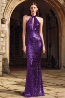 Load image into Gallery viewer, Sparkly Purple Sequins Halter Long Holiday Party Dress with Keyhole