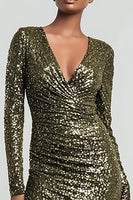 Load image into Gallery viewer, Sparkly Olive Sequin Ruched Long Sleeves Holiday Party Dress with Slit