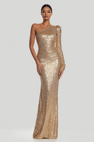 Load image into Gallery viewer, Sparkly Gold Sequin One Shoulder Long Holiday Party Dress with Sleeves