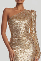 Load image into Gallery viewer, Sparkly Gold Sequin One Shoulder Long Holiday Party Dress with Sleeves