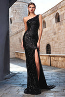 Load image into Gallery viewer, Sparkly Black Sequin Mermaid One Shoulder Long Holiday Party Dress with Slit