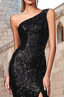 Load image into Gallery viewer, Sparkly Black Sequin Mermaid One Shoulder Long Holiday Party Dress with Slit