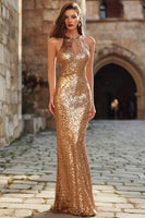 Load image into Gallery viewer, Sparkly Gold Sequin Mermaid Long Holiday Party Dress with Keyhole