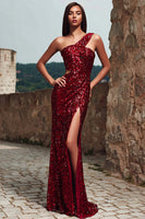 Load image into Gallery viewer, Sparkly Red Sequin One Shoulder Long Holiday Party Dress with Slit