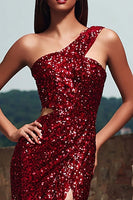 Load image into Gallery viewer, Sparkly Red Sequin One Shoulder Long Holiday Party Dress with Slit