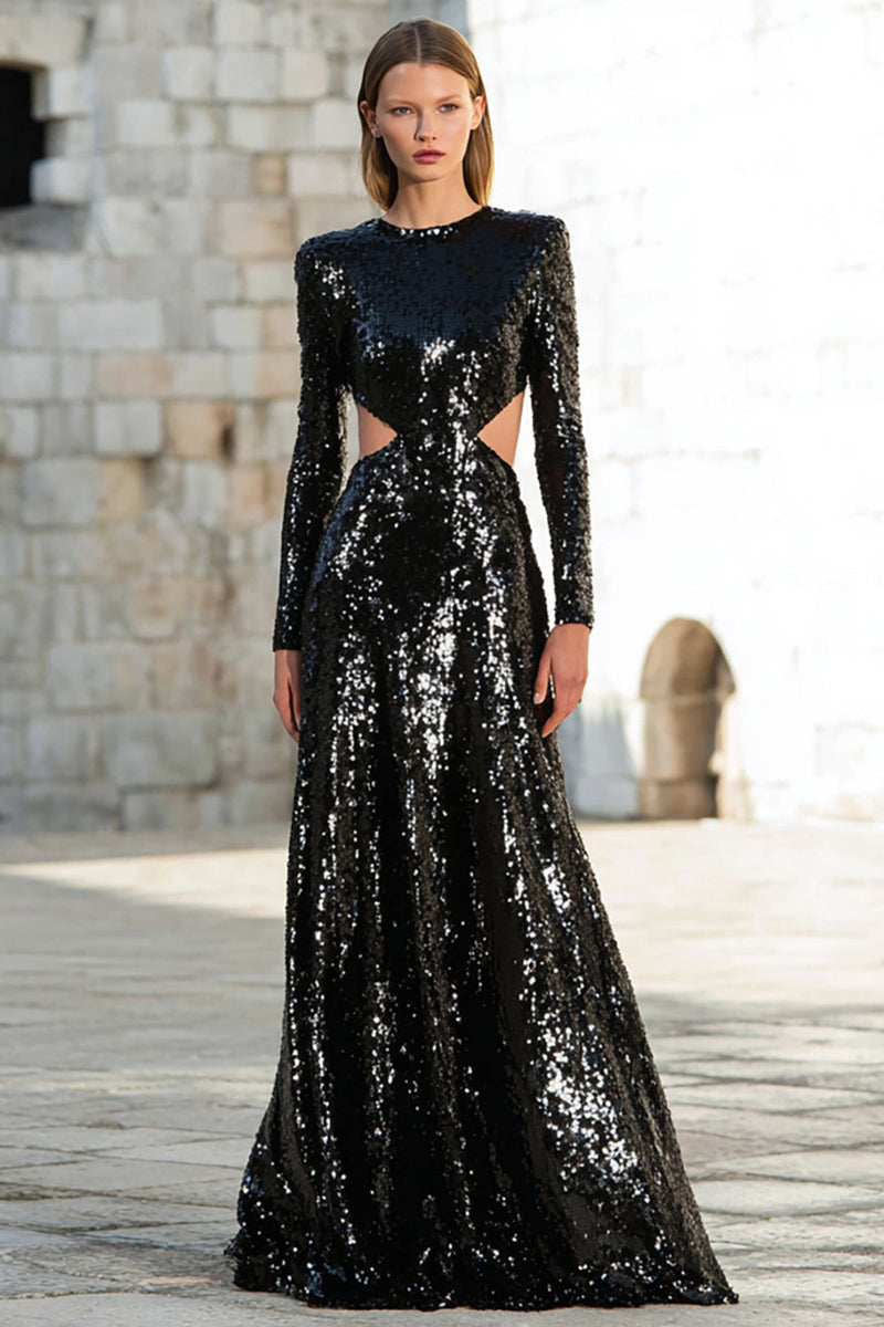 Load image into Gallery viewer, Sparkly Black Sequin Cut Out Long Sleeves Holiday Party Dress