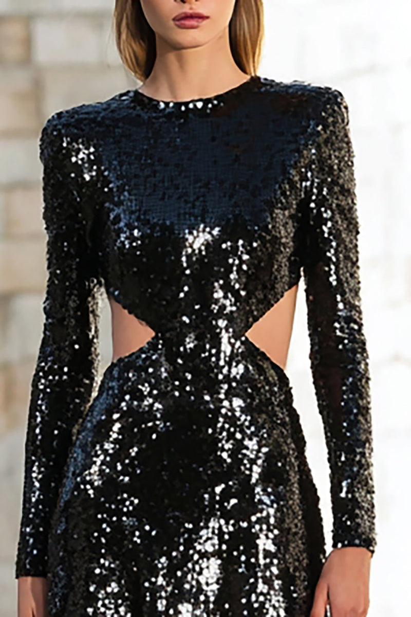 Queendancer Women Sparkly Black Sequin Long Sleeves Holiday Party Dress