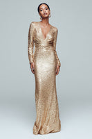 Load image into Gallery viewer, Sparkly Gold Mermaid Sequin V-Neck Long Sleeves Holiday Party Dress