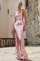 Load image into Gallery viewer, Sparkly Pink Sequin Mermaid Square Neck Long Holiday Party Dress