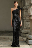 Load image into Gallery viewer, Sparkly Black Sequins Mermaid Long Holiday Party Dress with Bow