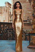 Load image into Gallery viewer, Sparkly Gold Sequin Long Holiday Party Dress Mermaid Scoop Neck Gala Dress