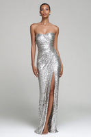 Load image into Gallery viewer, Sparkly Silver Sequin Strapless Ruched Long Holiday Party Dress with Slit