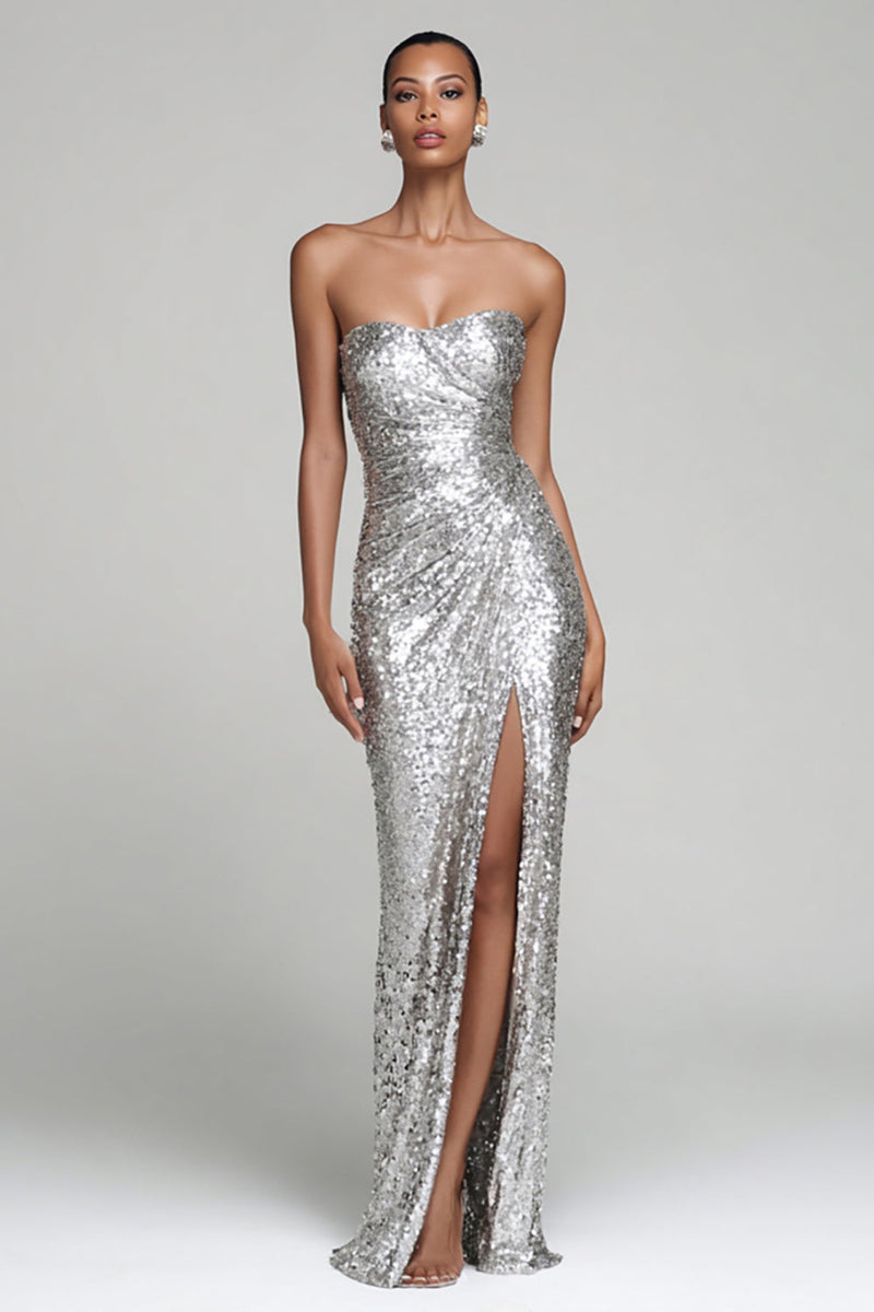 Load image into Gallery viewer, Sparkly Silver Sequin Strapless Ruched Long Holiday Party Dress with Slit