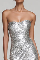 Load image into Gallery viewer, Sparkly Silver Sequin Strapless Ruched Long Holiday Party Dress with Slit