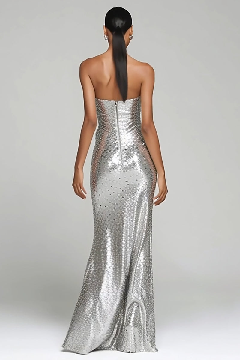 Load image into Gallery viewer, Sparkly Silver Sequin Strapless Ruched Long Holiday Party Dress with Slit