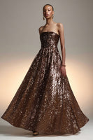 Load image into Gallery viewer, Sparkly Brown A Line Sequin Strapless Long Holiday Party Dress