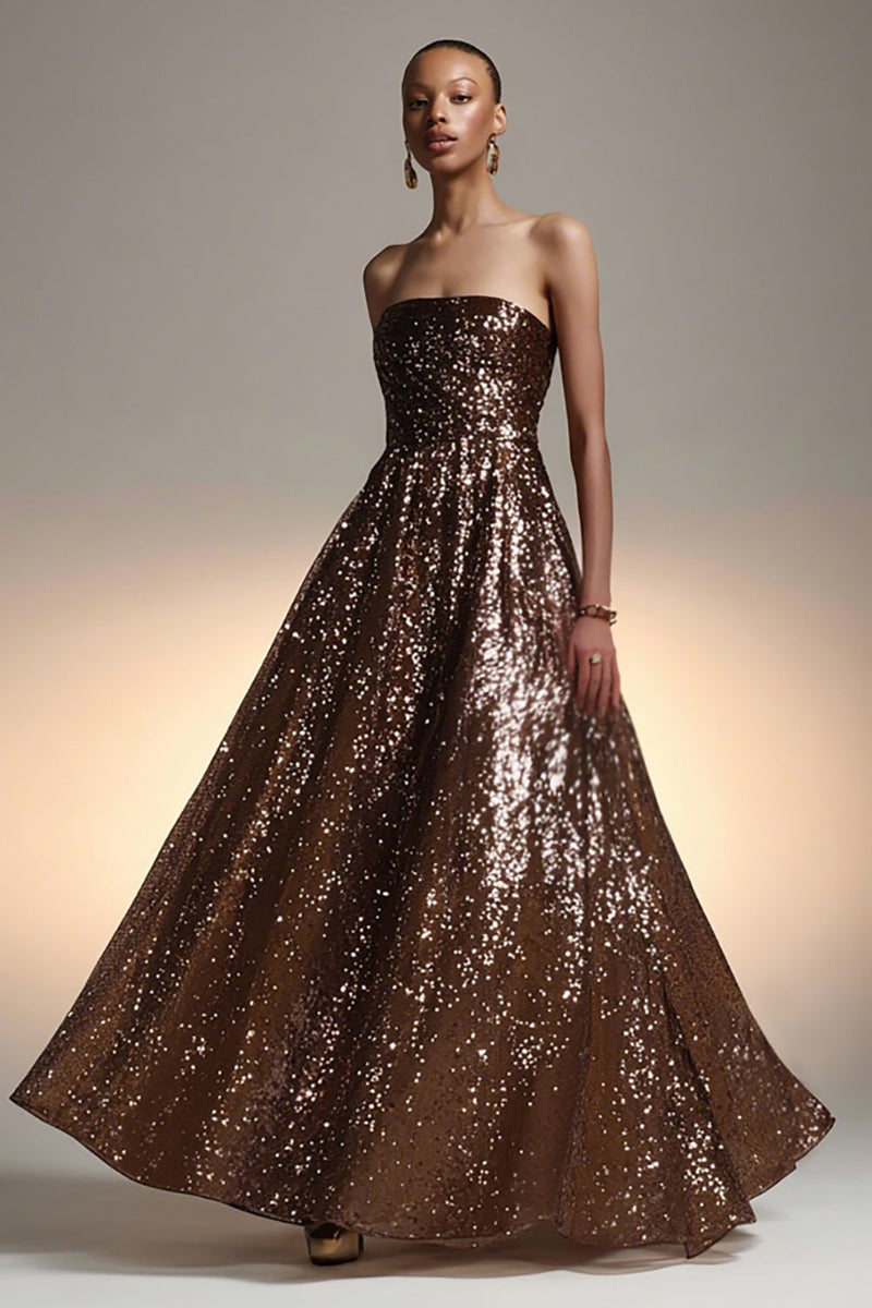 Load image into Gallery viewer, Sparkly Brown A Line Sequin Strapless Long Holiday Party Dress